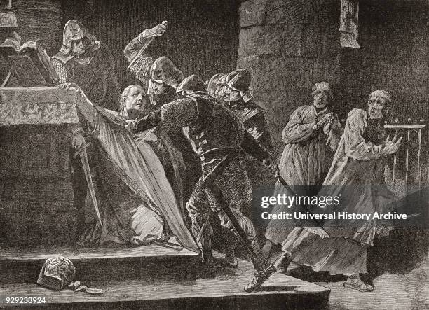 The murder of Thomas Becket in Canterbury Cathedral. Thomas Becket, aka Saint Thomas of Canterbury, Thomas of London and later Thomas à Becket, c....