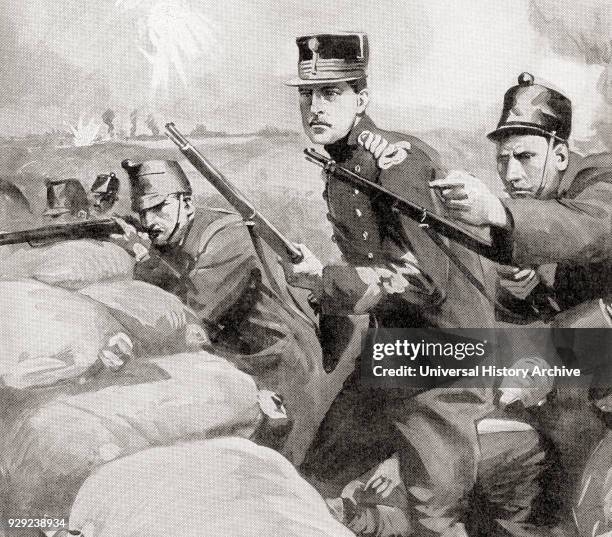 The king of Belgium in the trenches with his soldiers during WWI. Albert I, 1875 – 1934. King of the Belgians. From The War Illustrated Album Deluxe,...