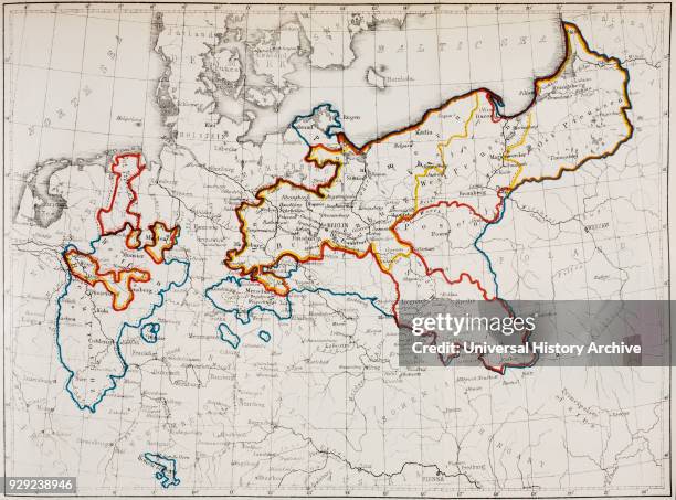 The Kingdom of Prussia between 1740 and 1815. Yellow outline; in 1740 at the Accession of Friedrich II: red outline; in 1786 at the death of...