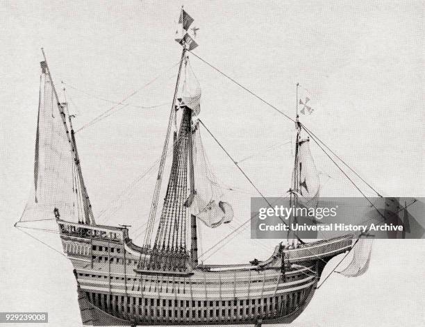 The Santa Maria, flagship of the squadron of three vessels commanded by Christopher Columbus in 1492. From The Romance of the Merchant Ship,...