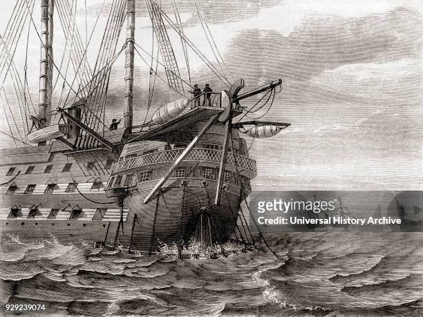 The HMS Agamemnon laying the transatlantic telegraph cable, 2 August, 1858. From Les Merveilles de la Science, published c.1870