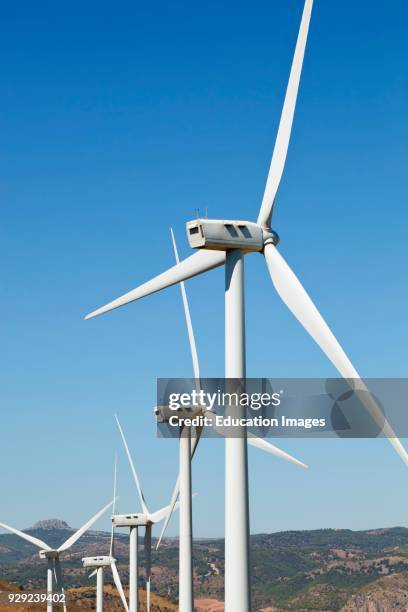 Wind farm near Ardales, Malaga Province, Spain. Windmills generating electricity.