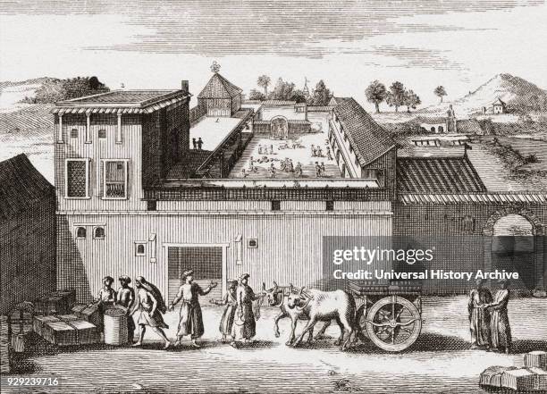 The trading post established by the British East India Company at Surat, India, c.1680. From British Merchant Adventurers, published 1942.