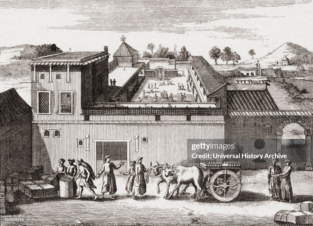 The trading post established by the British East India Company at Surat, India, circa 1680