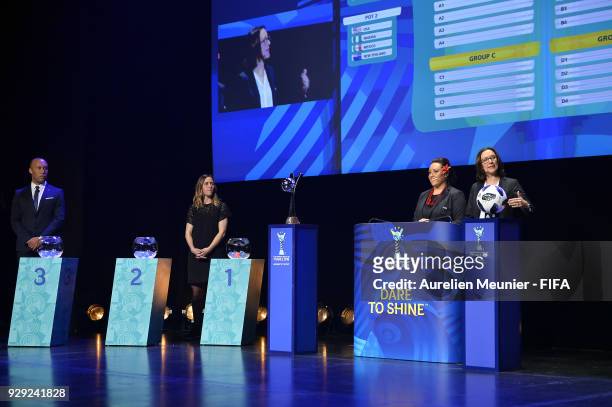 Mikael Silvestre, Camille Abily, Sarai Bareman and Rhiannon Martin announce the groups during the official draw for the FIFA U-20 Women's World Cup...