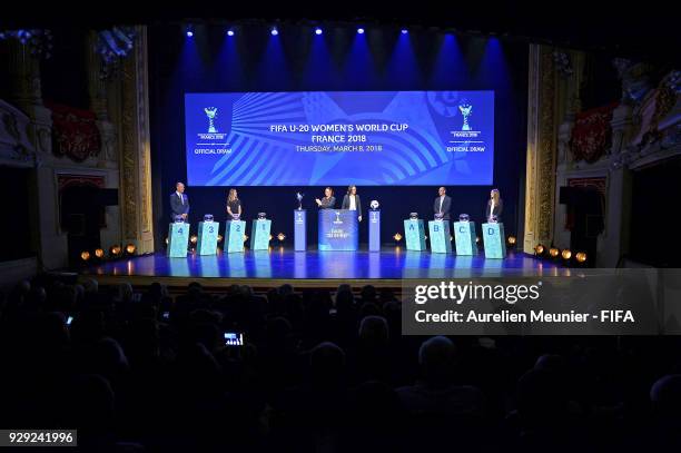 Mikael Silvestre, Camille Abily, Sarai Bareman, Rhiannon Martin, Damien Seguin and Aela Mocaer announce the groups during the official draw for the...