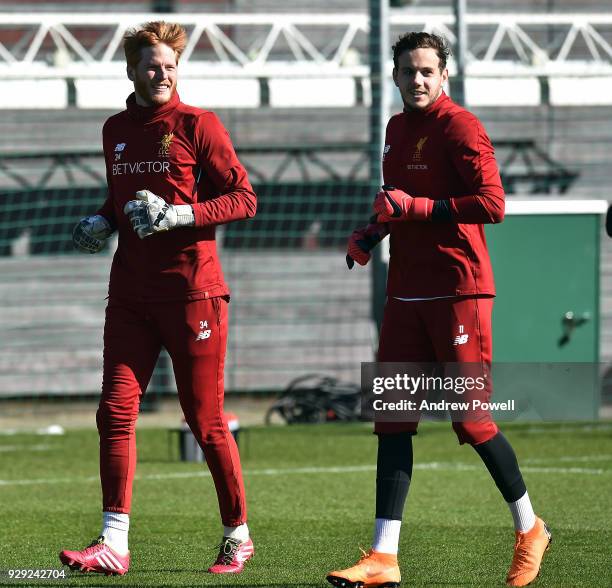 Adam Bogdan and Danny Ward of Liverpool during a training session at Melwood Training Ground on March 8, 2018 in Liverpool, England.