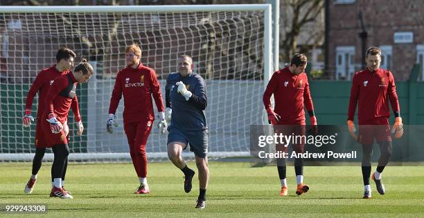 John Achterberg goal keeping coach of Liverpool with John Achterberg, Adam Bogdan, Danny Ward, Loris Karius, Simon Mignolet and Kamil Grabara during...