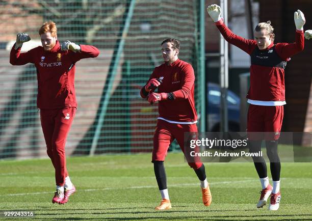 Adam Bogdan, Danny Ward and Loris Karius of Liverpool during a training session at Melwood Training Ground on March 8, 2018 in Liverpool, England.