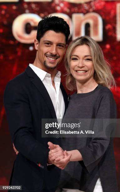 Italian actress Stefania Rocca and her dance partner Marcello Nuzio attend a photocall for 'Ballando Con Le Stelle' at RAI Auditorium on March 8,...