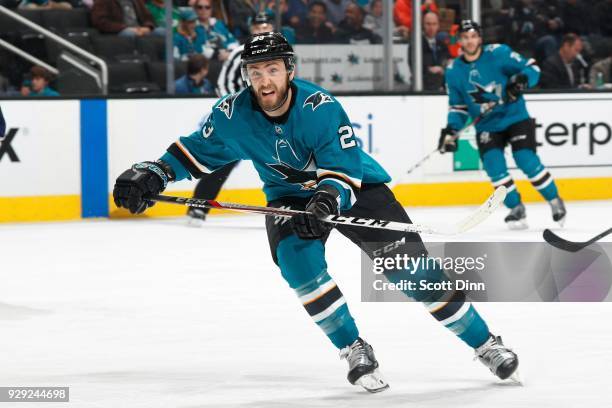 Barclay Goodrow of the San Jose Sharks reacts during a NHL game against the Columbus Blue Jackets at SAP Center on March 4, 2018 in San Jose,...