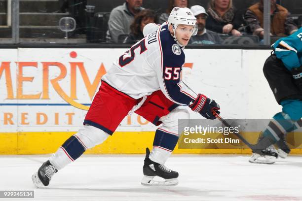 Mark Letestu of the Columbus Blue Jackets skates during a NHL game against the San Jose Sharks at SAP Center on March 4, 2018 in San Jose, California.