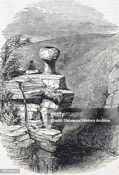 Engraving depicting an eroded gritstone boulder at the head of Grindsbrook Clough, Kinder Scout, Derbyshire. Dated 19th Century.