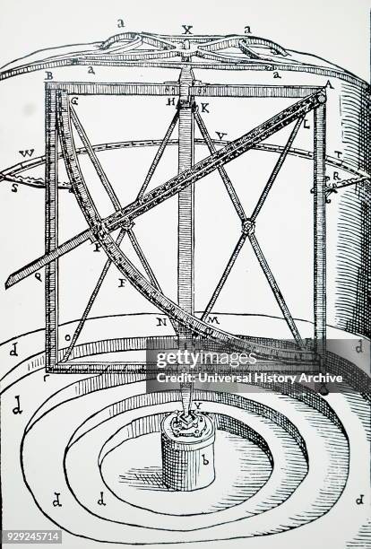 Diagram of a large metal quadrant sunk into the ground and with a protective wind shield, which was designed and used by Tycho Brahe. Tycho Brahe a...