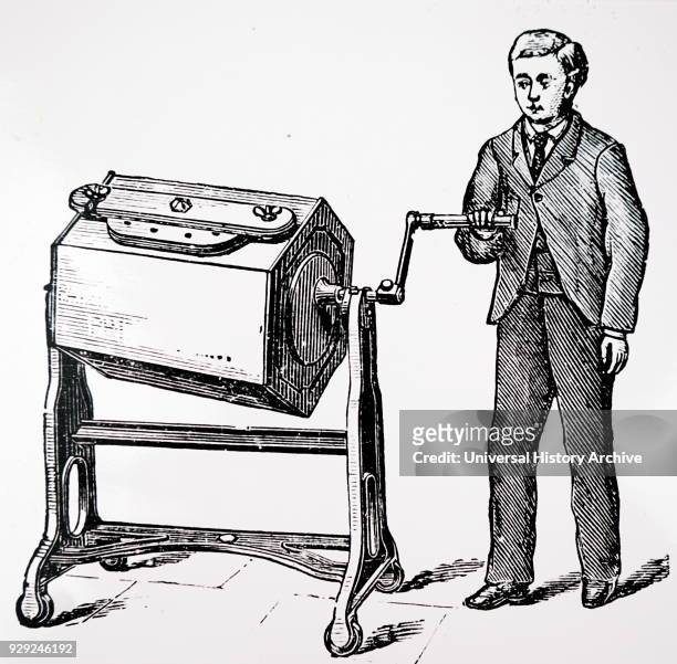 Engraving depicting Taylor's hand-powered eccentric butter churn. The agitation of the cream was achieved by the rising and falling of the opposite...