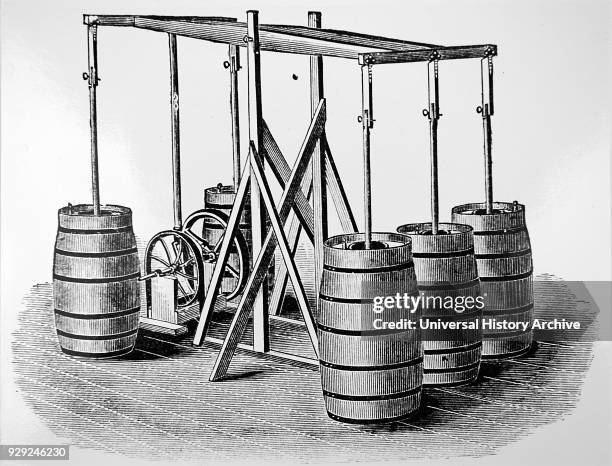 Engraving depicting a battery of churns with vertical dashers as used in Jones, Gaulkner & Co.'s butter factory. Dated 19th Century.