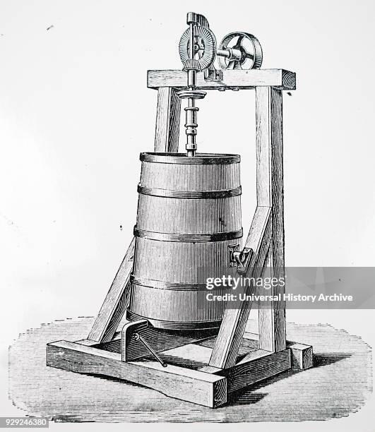 Engraving depicting a Holstein vertical butter churn. This model was a belt-driven, powered either by steam or water. Dated 19th Century.