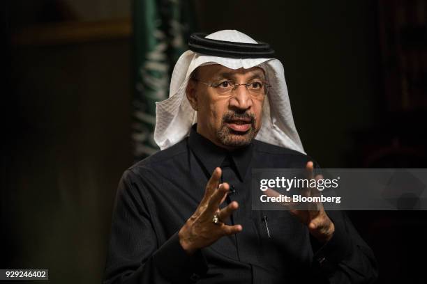 Khalid al-Falih, Saudi Arabia's energy minister, gestures while speaking during a Bloomberg Television interview in London, U.K., on Thursday, March...