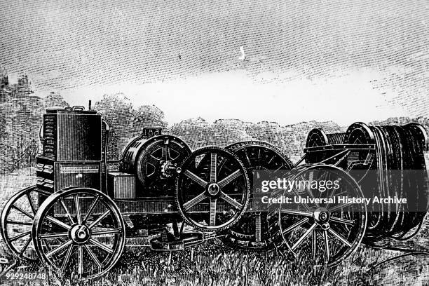 Engraving depicting a portable electric winch by Siemens-Schuckert, for use in mechanical ploughing by a plough pulled along a rope. Dated 20th...