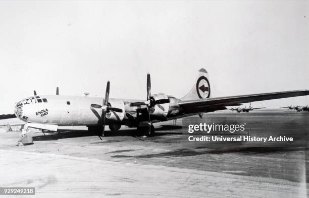 Photograph of the Enola Gay plane, a Boeing B-29 Superfortress bomber, which was used to drop the first atomic bomb on Japan. Dated 20th Century.