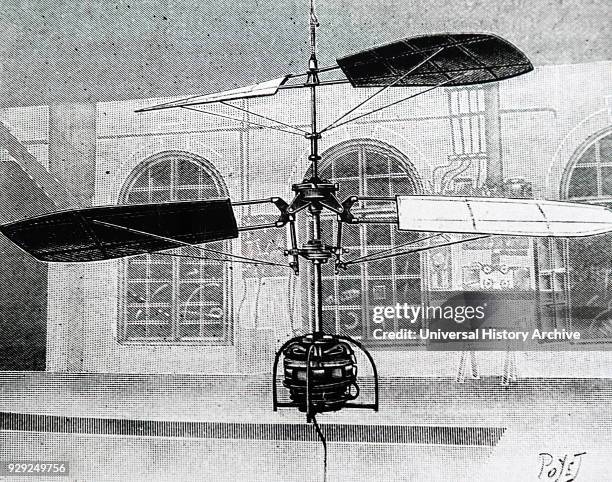 Engraving depicting an electric helicopter with a 9 h.p. Motor. Dated 20th Century.
