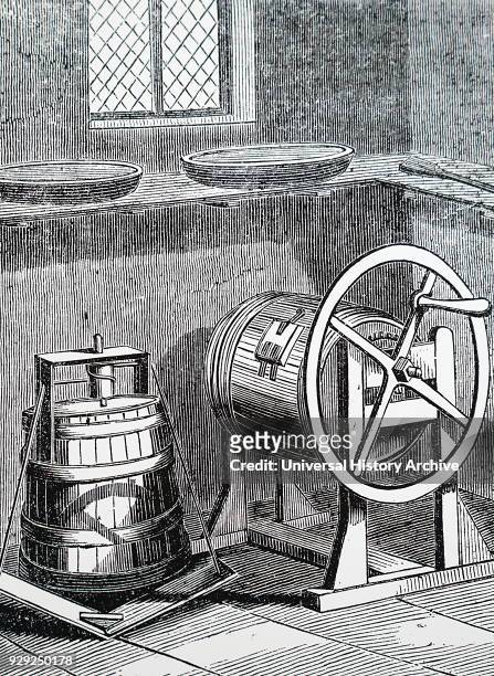 Engraving depicting a vertical treadle butter churn and a barrel churn containing an axle with fan vanes turned by a crank handle. Dated 19th Century.