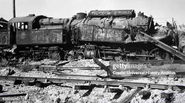 Photograph showing the wreckage of a train at Trappes, in the south-western suburbs of Paris, during the liberation of France from German occupation...