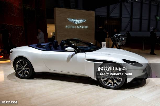 Aston Martin DB 11 is displayed at the 88th Geneva International Motor Show on March 7, 2018 in Geneva, Switzerland. Global automakers are converging...