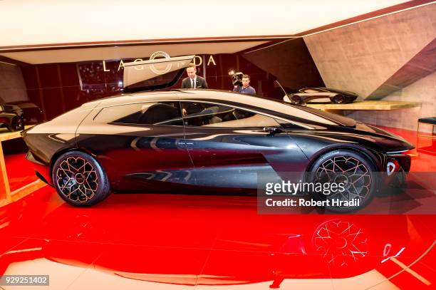 Aston Martin Lagonda is displayed at the 88th Geneva International Motor Show on March 7, 2018 in Geneva, Switzerland. Global automakers are...