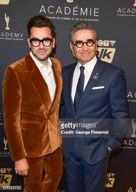 Actors Dan Levy and Eugene Levy attend the Gala Honouring Excellence in Creative Fiction Storytelling held at Westin Harbour Castle Hotel on March 7,...
