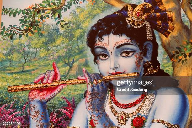 Painting depicting Hindu god Krishna playing a flute outdoors. India.