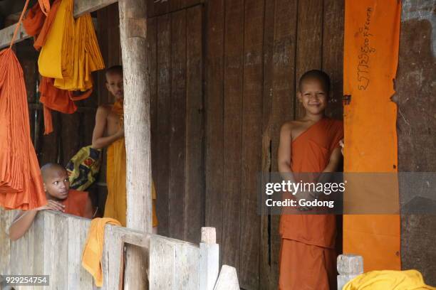 Novice monks in a Khmer pagoda. Cambodia.