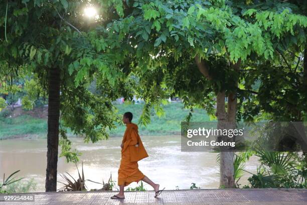 Monk walking in Battambang. Cambodia.
