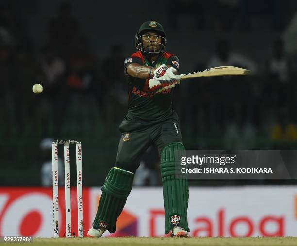 Bangladesh cricketer Sabbir Rahman plays a shot during the second Twenty20 international cricket match between Bangladesh and India of the tri-nation...