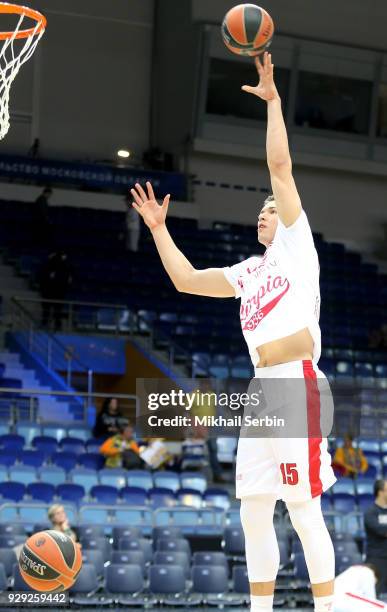 Kaleb Tarczewski, #15 of AX Armani Exchange Olimpia Milan before the 2017/2018 Turkish Airlines EuroLeague Regular Season Round 25 game between...