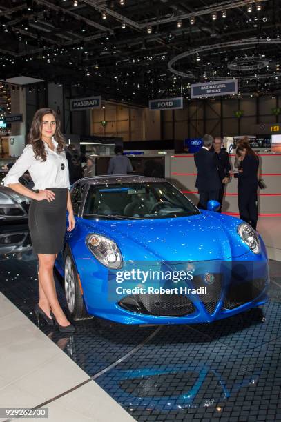Alfa Romeo 4C is displayed at the 88th Geneva International Motor Show on March 7, 2018 in Geneva, Switzerland. Global automakers are converging on...