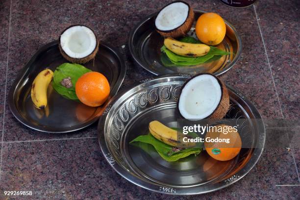 Sri Vadapathira Kaliamman hindu temple. Traditional puja thali. Offerings to Hindu gods. Singapore.