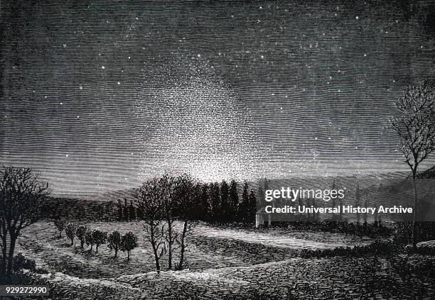 Engraving depicting a zodiacal light observed at Osray, France. Dated 19th Century.