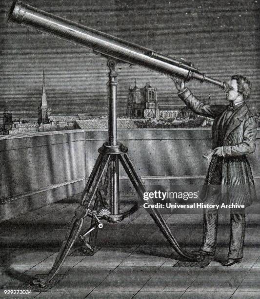 Engraving depicting a refracting telescope on an iron stand and fitted with a finder. The instrument has two double convex lenses and is known as the...