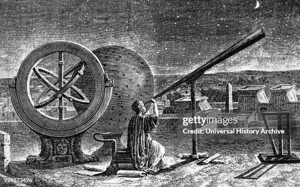 Imaginative reconstruction of Hipparchus in his observatory in Alexandria. Dated 19th Century.