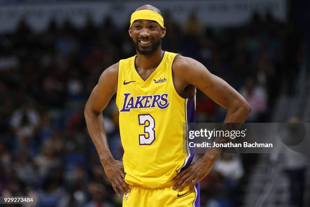 Corey Brewer of the Los Angeles Lakers reacts during the first half against the New Orleans Pelicans at Smoothie King Center on February 14, 2018 in...