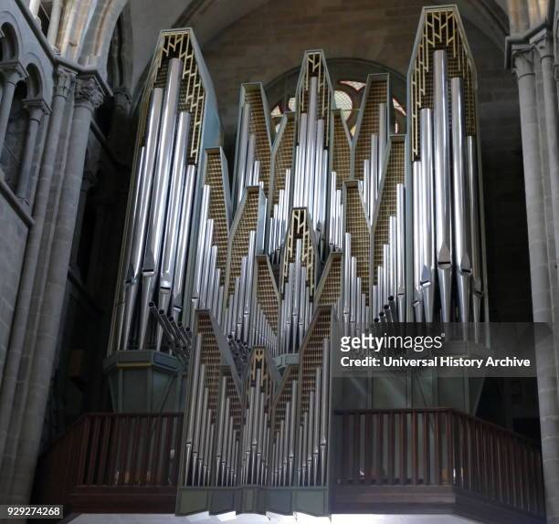 The organ inside the St. Pierre Cathedral, in Geneva, Switzerland. The Cathedral belongs to the Reformed Protestant Church of Geneva. It is known as...