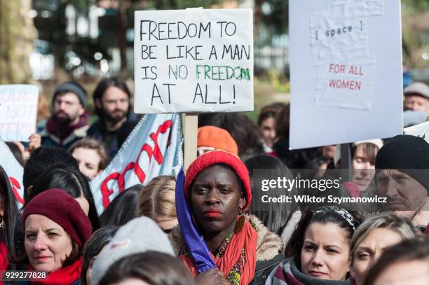 Several hundreds of women take part in Women's Strike in London's Russel Square protesting against harassment, exploitation and discrimination...