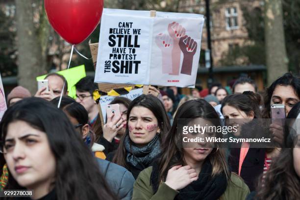 Several hundreds of women take part in Women's Strike in London's Russel Square protesting against harassment, exploitation and discrimination...
