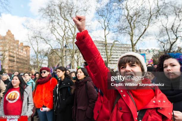 Several hundreds of women take part in Women's Strike in London's Russel Square protesting against harassment, exploitation and discrimination...