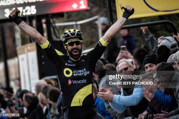 Direct Energie team French rider Jerome Cousin celebrates as he crosses the finish line to win the fifth stage of the Paris - Nice cycling race...
