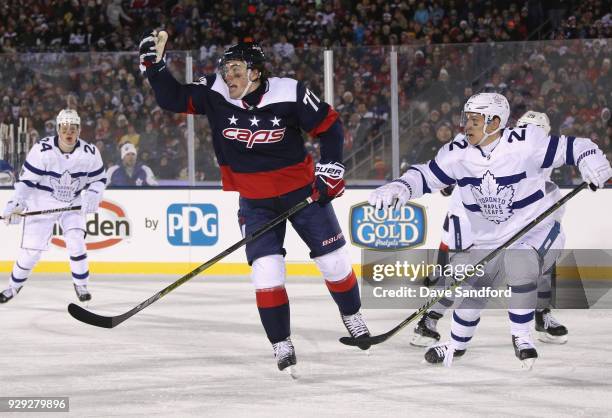 Oshie of the Washington Capitals plays against Nikita Zaitsev of the Toronto Maple Leafs during the second period of the 2018 Coors Light NHL Stadium...