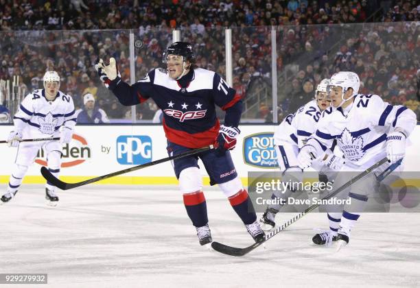 Oshie of the Washington Capitals plays against Nikita Zaitsev of the Toronto Maple Leafs during the second period of the 2018 Coors Light NHL Stadium...