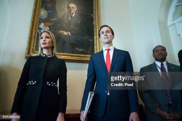 White House Senior Advisor Jared Kushner and Ivanka Trump attend a meeting held by US President Donald J. Trump with members of his Cabinet, in the...