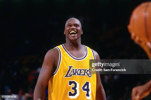 Shaquille O'Neal of the Los Angeles Lakers smiles circa 1997 at the Great Western Forum in Inglewood, California. NOTE TO USER: User expressly...